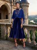 Elegant Women’s Royal Blue Velvet Midi Dress And Chiffon Bolero Two-piece Set ZMZ1920J0XT