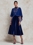 Elegant Women’s Royal Blue Velvet Midi Dress And Chiffon Bolero Two-piece Set ZMZ1920J0XT