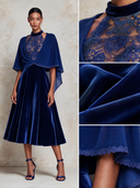 Elegant Women’s Royal Blue Velvet Midi Dress And Chiffon Bolero Two-piece Set ZMZ1920J0XT