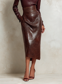 Women’s Chocolate-brown Faux-croc Leather High-waisted Midi Skirt ZMZ1925J2XT