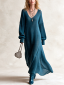 Women's Fashionable Dark Blue V-Neck Long-Sleeve High-Stretch Knitted Dress ZMZ1967J2SWL