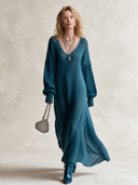 Women's Fashionable Dark Blue V-Neck Long-Sleeve High-Stretch Knitted Dress ZMZ1967J2SWL