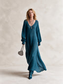 Women's Fashionable Dark Blue V-Neck Long-Sleeve High-Stretch Knitted Dress ZMZ1967J2SWL