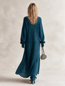 Women's Fashionable Dark Blue V-Neck Long-Sleeve High-Stretch Knitted Dress ZMZ1967J2SWL