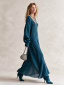 Women's Fashionable Dark Blue V-Neck Long-Sleeve High-Stretch Knitted Dress ZMZ1967J2SWL