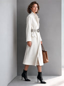 Women's Fashionable Warm White Faux Wool Belted Stand Collar Coat ZMZ1908J9SWL