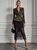 Women's Olive Green And Red Trim Military-style Double-breasted Blazer ZMZ1974J9XT
