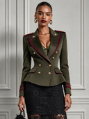Women's Olive Green And Red Trim Military-style Double-breasted Blazer ZMZ1974J9XT
