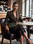Women's Olive Green And Red Trim Military-style Double-breasted Blazer ZMZ1974J9XT