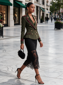 Women's Olive Green And Red Trim Military-style Double-breasted Blazer ZMZ1974J9XT