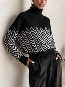 Women's Black And White Chevron Jacquard Turtleneck Pullover Sweater ZMZ1920J4YZH
