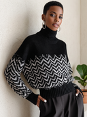 Women's Black And White Chevron Jacquard Turtleneck Pullover Sweater ZMZ1920J4YZH