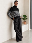 Women's Black And White Chevron Jacquard Turtleneck Pullover Sweater ZMZ1920J4YZH