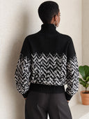 Women's Black And White Chevron Jacquard Turtleneck Pullover Sweater ZMZ1920J4YZH