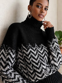 Women's Black And White Chevron Jacquard Turtleneck Pullover Sweater ZMZ1920J4YZH