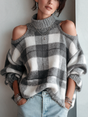 Women's Fashionable Plaid Off-Shoulder High-Neck Pullover Sweater ZMZ1944J2SWL
