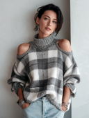 Women's Fashionable Plaid Off-Shoulder High-Neck Pullover Sweater ZMZ1944J2SWL
