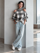 Women's Fashionable Plaid Off-Shoulder High-Neck Pullover Sweater ZMZ1944J2SWL