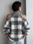 Women's Fashionable Plaid Off-Shoulder High-Neck Pullover Sweater ZMZ1944J2SWL