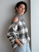 Women's Fashionable Plaid Off-Shoulder High-Neck Pullover Sweater ZMZ1944J2SWL