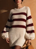 Women's Striped Chunky Knit Sweater Dress With Balloon Sleeves ZMZ1990J3YZH