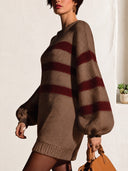 Women's Striped Chunky Knit Sweater Dress With Balloon Sleeves ZMZ1990J3YZH