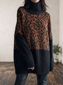 Women's Oversized Leopard Jacquard Turtleneck Sweater With Black Contrast Sleeves ZMZ1912J5YZH