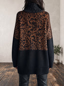Women's Oversized Leopard Jacquard Turtleneck Sweater With Black Contrast Sleeves ZMZ1912J5YZH