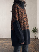 Women's Oversized Leopard Jacquard Turtleneck Sweater With Black Contrast Sleeves ZMZ1912J5YZH