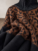 Women's Oversized Leopard Jacquard Turtleneck Sweater With Black Contrast Sleeves ZMZ1912J5YZH