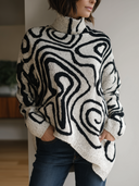 Women's Oversized Turtleneck Sweater With Black Abstract Swirl Pattern On Off-White Chunky Knit ZMZ1917J7YZH