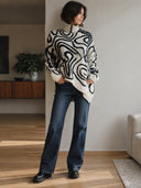 Women's Oversized Turtleneck Sweater With Black Abstract Swirl Pattern On Off-White Chunky Knit ZMZ1917J7YZH