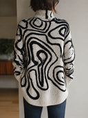 Women's Oversized Turtleneck Sweater With Black Abstract Swirl Pattern On Off-White Chunky Knit ZMZ1917J7YZH