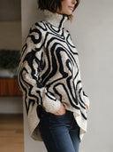 Women's Oversized Turtleneck Sweater With Black Abstract Swirl Pattern On Off-White Chunky Knit ZMZ1917J7YZH