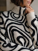 Women's Oversized Turtleneck Sweater With Black Abstract Swirl Pattern On Off-White Chunky Knit ZMZ1917J7YZH
