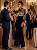 Women Elegant Lace And Black Velvet Trim Stand Collar Fishtail Maxi Dress ZMZ1945J8XT