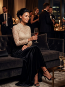 Women Elegant Lace And Black Velvet Trim Stand Collar Fishtail Maxi Dress ZMZ1945J8XT