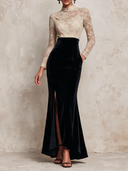 Women Elegant Lace And Black Velvet Trim Stand Collar Fishtail Maxi Dress ZMZ1945J8XT