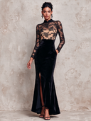 Women Elegant Lace And Black Velvet Trim Stand Collar Fishtail Maxi Dress ZMZ1945J8XT