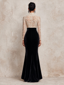 Women Elegant Lace And Black Velvet Trim Stand Collar Fishtail Maxi Dress ZMZ1945J8XT