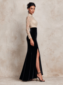 Women Elegant Lace And Black Velvet Trim Stand Collar Fishtail Maxi Dress ZMZ1945J8XT