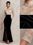 Women Elegant Lace And Black Velvet Trim Stand Collar Fishtail Maxi Dress ZMZ1945J8XT