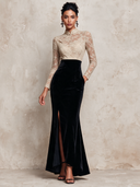 Women Elegant Lace And Black Velvet Trim Stand Collar Fishtail Maxi Dress ZMZ1945J8XT