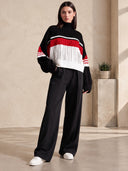 Women's Oversized Black Red White Colorblock Turtleneck Ribbed Knit Sweater ZMZ1955J1YZH