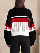 Women's Oversized Black Red White Colorblock Turtleneck Ribbed Knit Sweater ZMZ1955J1YZH
