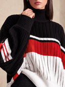Women's Oversized Black Red White Colorblock Turtleneck Ribbed Knit Sweater ZMZ1955J1YZH