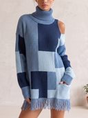 Women's Patchwork Turtleneck Knit Sweater With Fringe Hem And Cold-Shoulder Cutouts ZMZ1983J2YZH