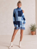 Women's Patchwork Turtleneck Knit Sweater With Fringe Hem And Cold-Shoulder Cutouts ZMZ1983J2YZH
