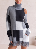 Women's Patchwork Turtleneck Knit Sweater With Fringe Hem And Cold-Shoulder Cutouts ZMZ1983J2YZH