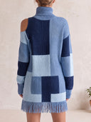 Women's Patchwork Turtleneck Knit Sweater With Fringe Hem And Cold-Shoulder Cutouts ZMZ1983J2YZH